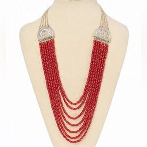 Red layered beads Statement Beaded draped necklace Boho NWT